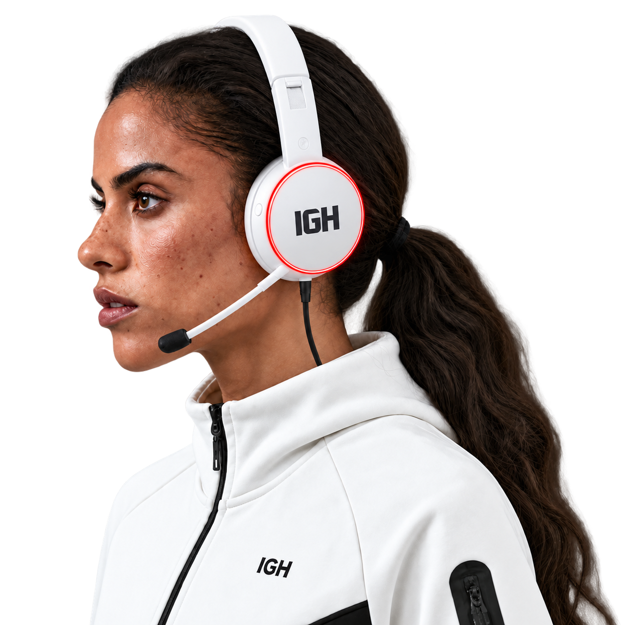 IGH specialist in profile wearing a white headset with the circular IGH logo